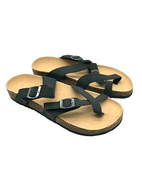 Womens Sandals Slides Footbed Strappy Faux Leather Black Size 10